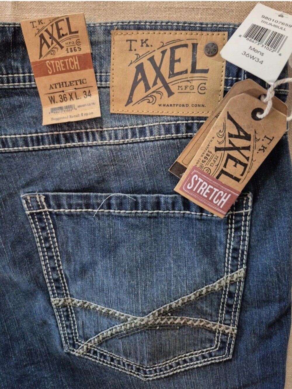 NWT T. K. Axel Men's Blue Denim Jeans Stretch Athletic Fit Sz 36x44 Pants